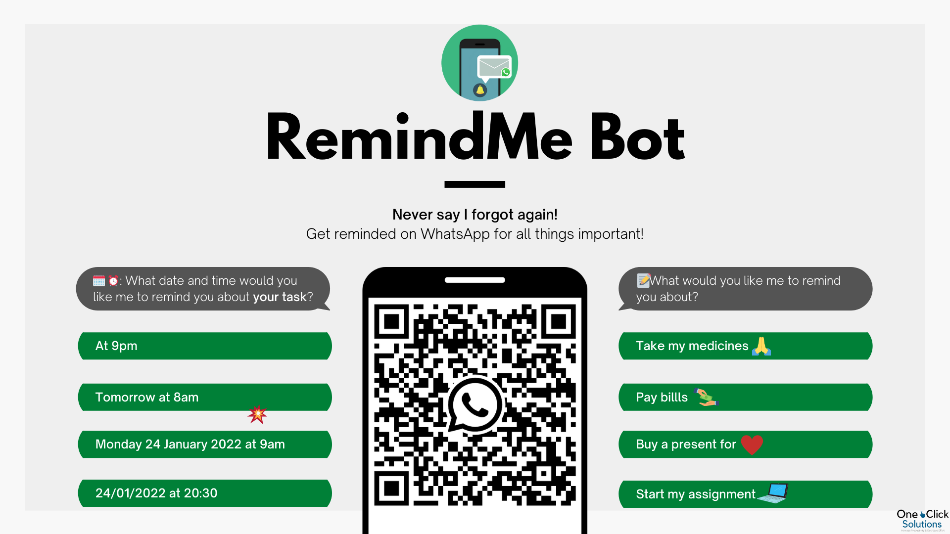 RemindMe Bot WhatsApp Reminders One Click Solutions