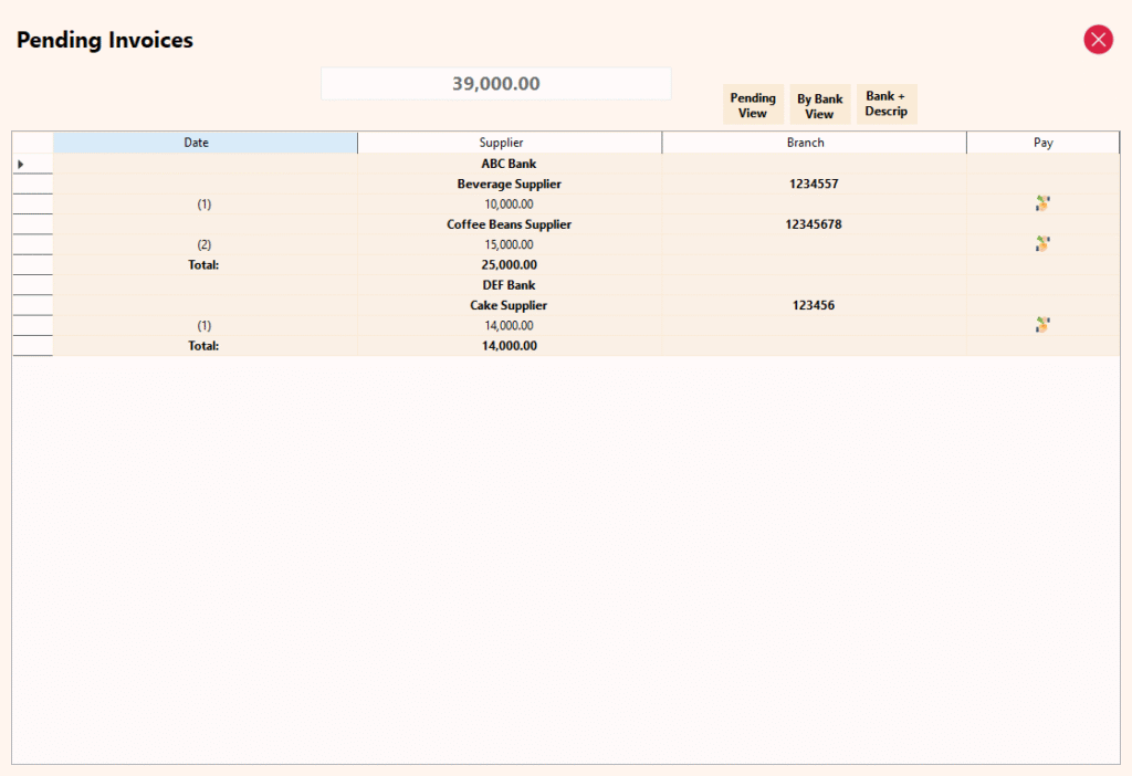 Supplier Module - Pending By Bank View