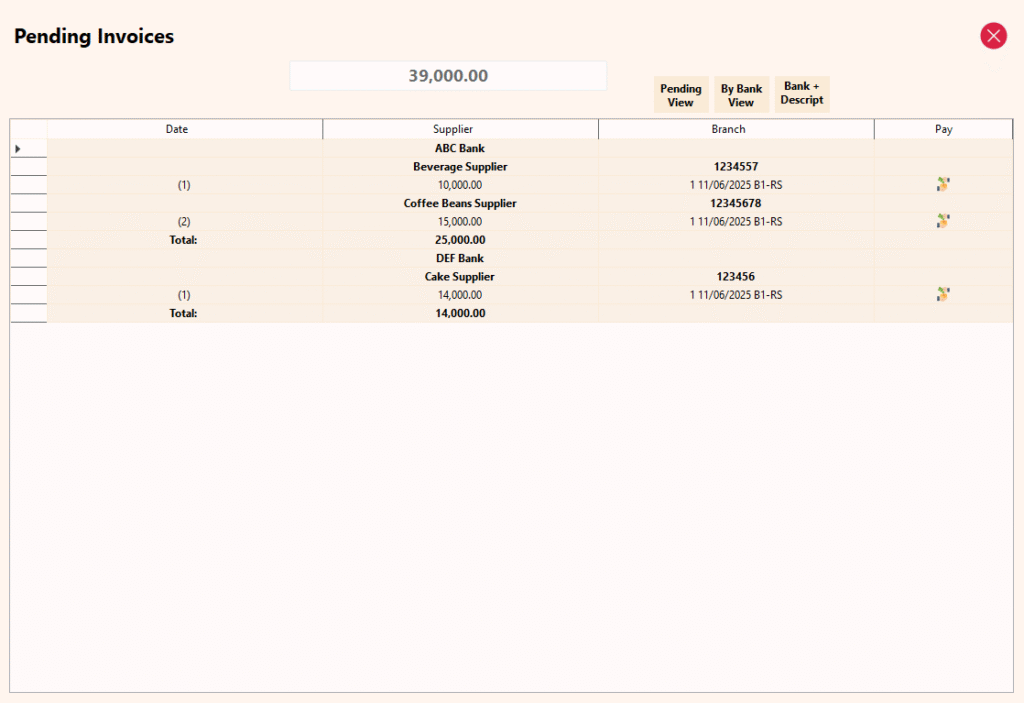 Supplier Module - Pending by Bank + Description View