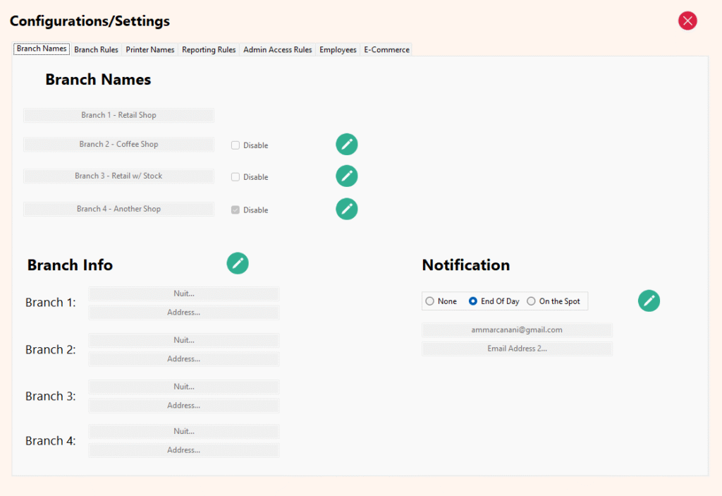 Configurations/Settings Module - Branch Names