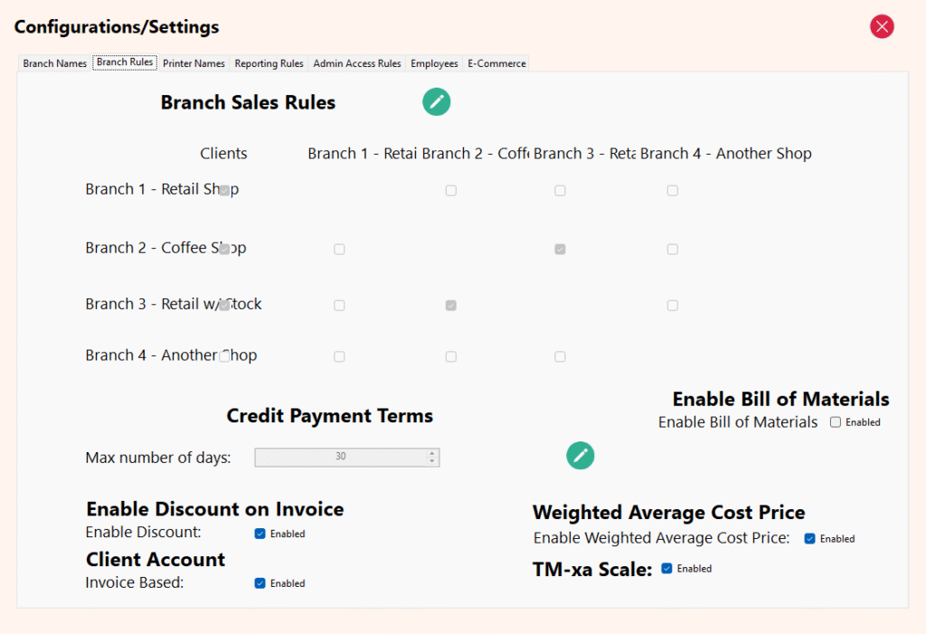 Configurations/Settings Module - Branch Rules