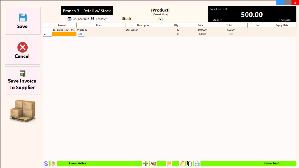 Branch Module - Stock In (Barcode-based POS)