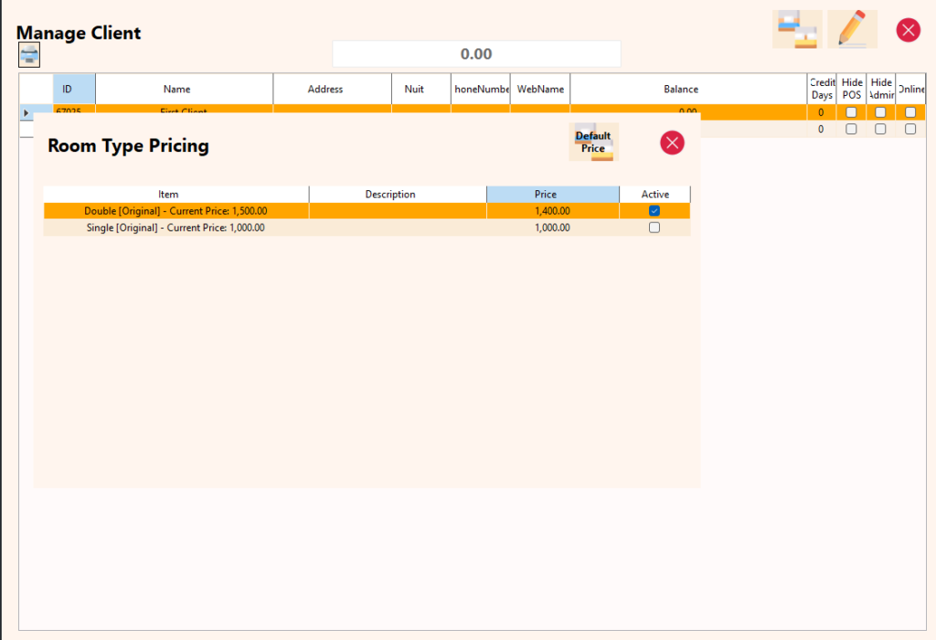 Client's Custom Pricing for Rooms