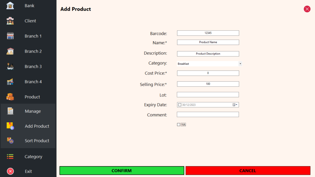 Product Module - Add Product (No IVA/VAT)