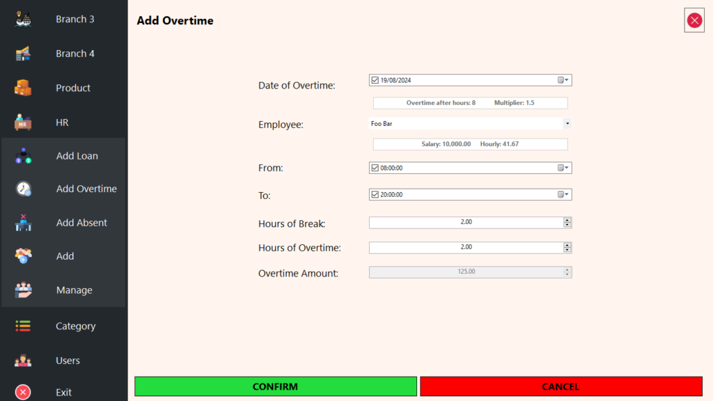 HR Module - Add Overtime (Selecting Working Hours)