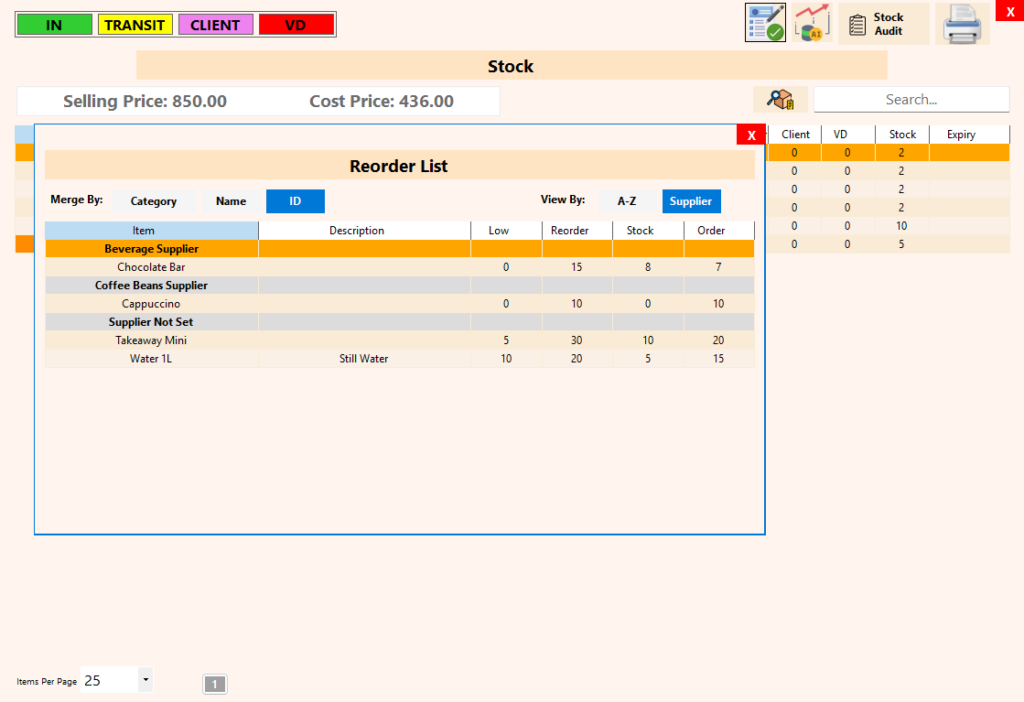 Stock Thresholds - Reorder Report merge by Supplier View By ID