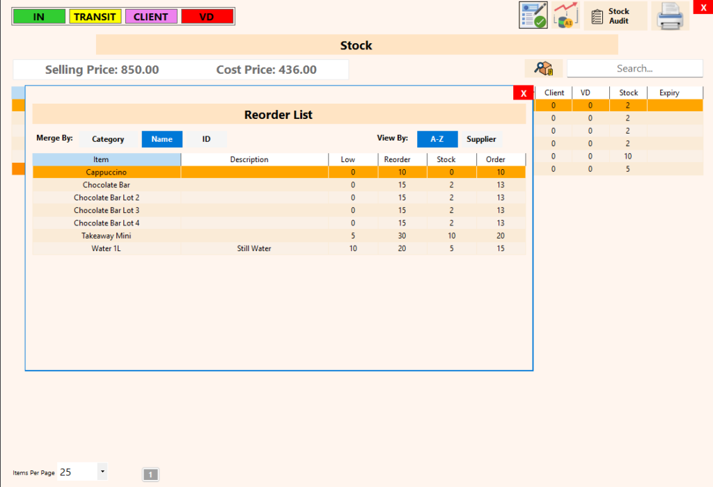 Stock Thresholds - Reorder Report merge by Name View By Name