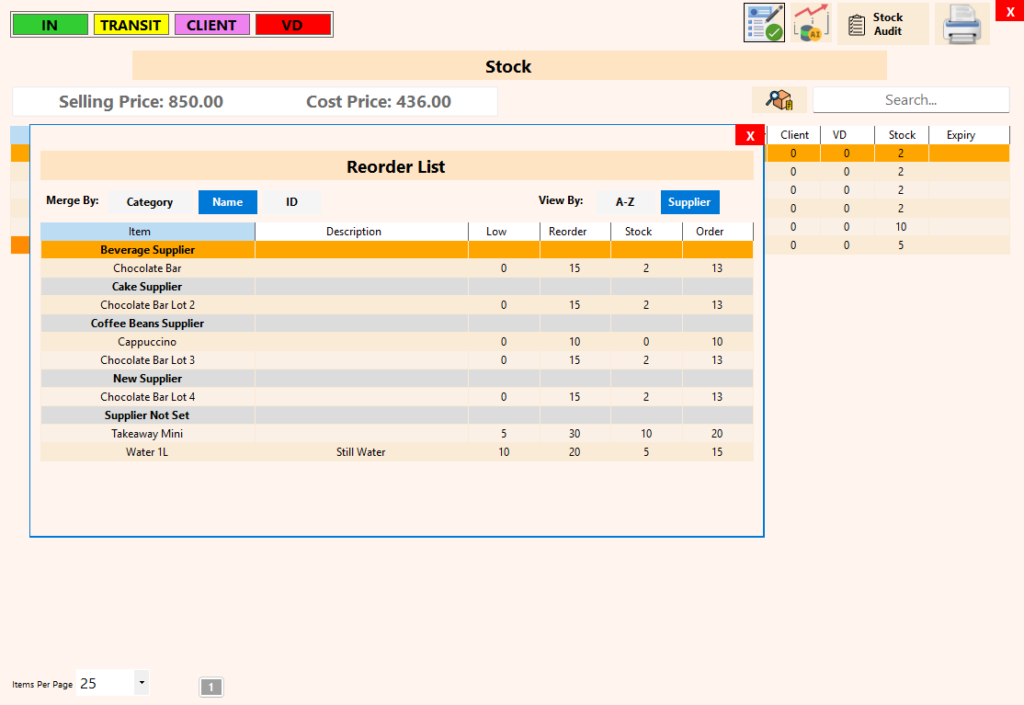 Stock Thresholds - Reorder Report merge by Supplier View By Name