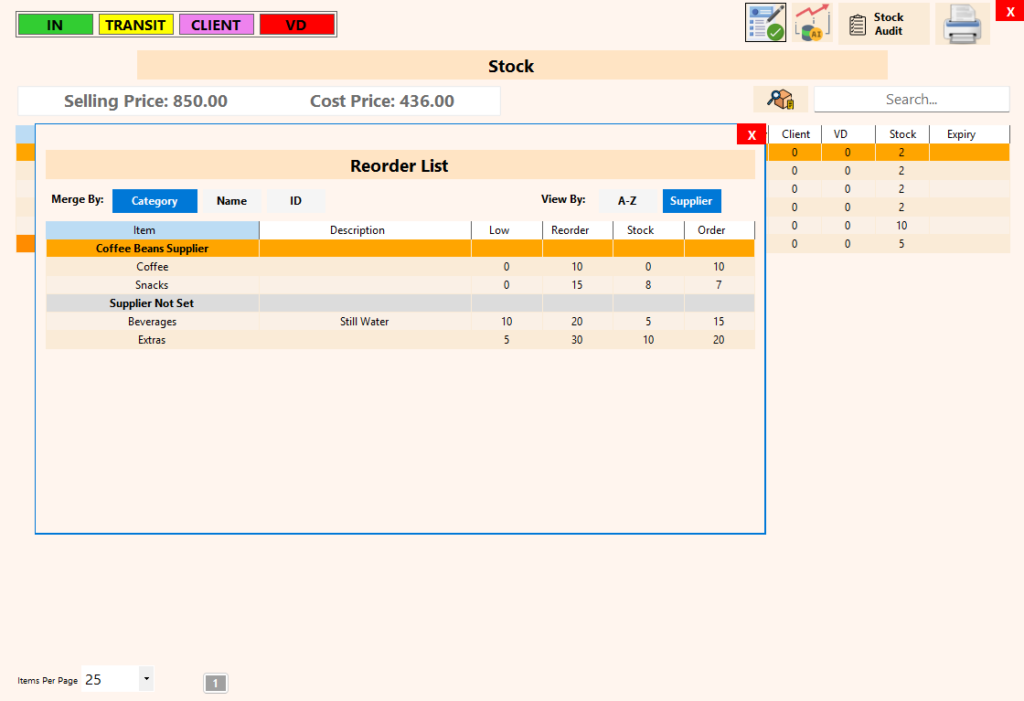 Stock Thresholds - Reorder Report merge by Supplier View By ID