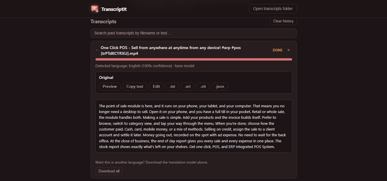 TranscriptIt - a finished transcription with its download buttons and language list