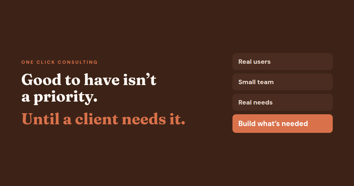 Headline reading 'Good to have isn't a priority. Until a client needs it.' with the labels Real users, Small team, Real needs and Build what's needed