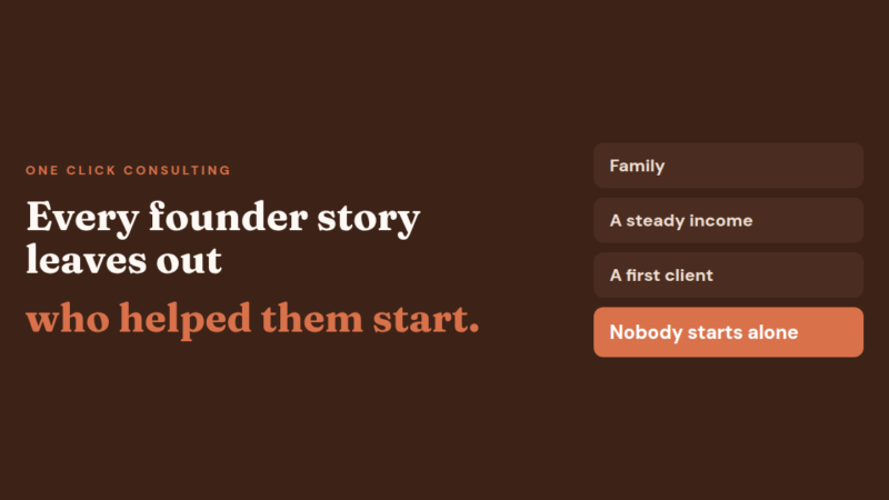 Headline reading 'Every founder story leaves out who helped them start' on a dark brown background with terracotta accents