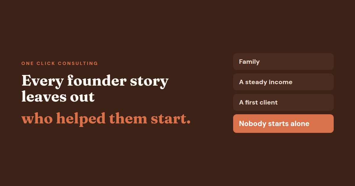 Headline reading 'Every founder story leaves out who helped them start' on a dark brown background with terracotta accents
